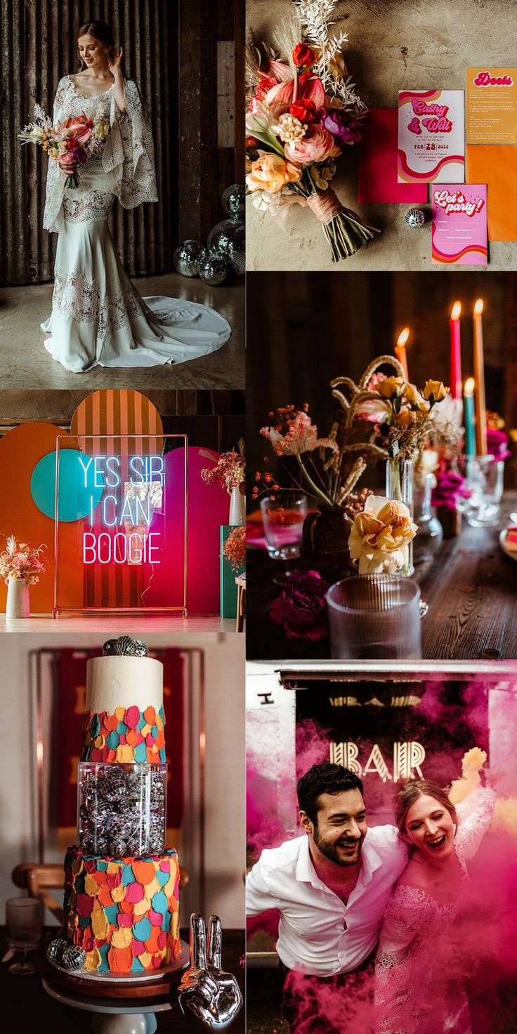 a collage of photos showing different types of wedding decorations and cake with candles in the background