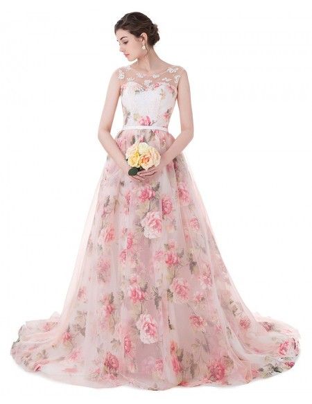 Floral Long Train Length Sleeveless Formal Party Dress Flowers Prom Dress, Reception Dress Lace, Wedding Gown Plus Size, Princess Evening Dress, Flower Prom Dress, Printed Prom Dresses, Dress Train, Prom Dresses Long Lace, Floral Prom Dresses