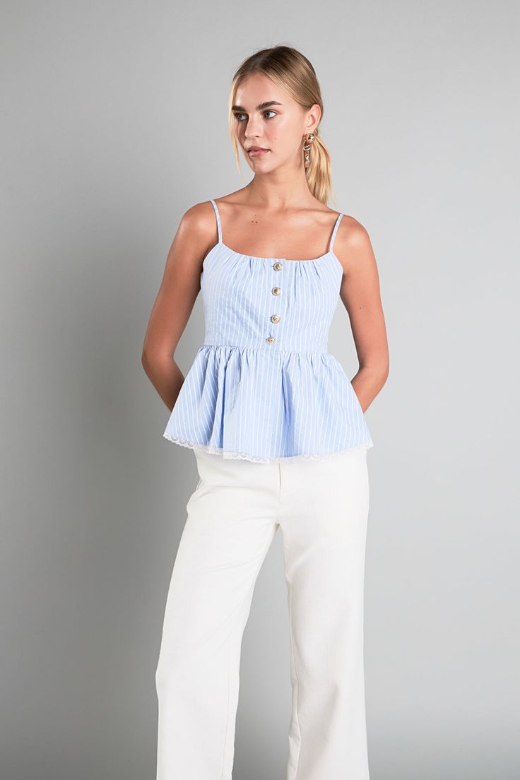 Elevate your style with our chic Striped Peplum Top. Made with a classic stripe pattern, this top adds a touch of sophistication to any outfit. The round neckline and sleeveless design give a flattering silhouette, while the adjustable straps allow for a customizable fit. Perfect for layering or wearing on its own, this versatile top is a must-have in your wardrobe. With its trendy design and comfortable fit, our Striped Top is perfect for any occasion. Shop now and make a statement with this st Chic Vertical Stripes Summer Blouse, White Sleeveless Top With Vertical Stripes, Chic Vertical Stripes Top For Spring, Chic Vertical Stripes Tops For Summer, Chic Tops With Vertical Stripes For Spring, Chic Summer Tops With Vertical Stripes, Sleeveless Striped Tank Top For Spring, Sleeveless Vertical Stripes Tank Top For Spring, Spring Sleeveless Tank Top With Vertical Stripes