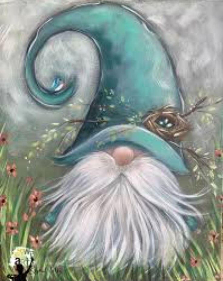 a painting of a gnome with white hair and blue eyes is shown in the grass