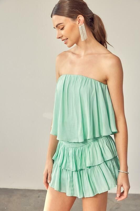 STYLE INFORMATION: The Monaco Milky Green Strapless Romper is a vacay dream! Light green woven fabric falls from a strapless neckline, with no-slip strips, to a flowy, ruffle overlay bodice with an on-trend smocked overlap back detail. Attached shorts complete the look. DETAILS & CARE: Lined Polyester/Rayon. Hand wash cold. Imported. SHIPPING: We offer free shipping for all orders in the Continental US. Chic Strapless Dress With Ruffle Hem For Summer, Strapless Dress With Ruffle Hem For Summer, Casual Strapless Dress With Ruffle Hem For Summer, Casual Strapless Dress With Ruffle Hem, Summer Strapless Tube Top With Smocked Back, Green Strapless Tube Top For Day Out, Strapless Summer Tube Top With Smocked Back, Summer Strapless Dress With Ruffle Hem, Strapless Green Tube Top For Day Out