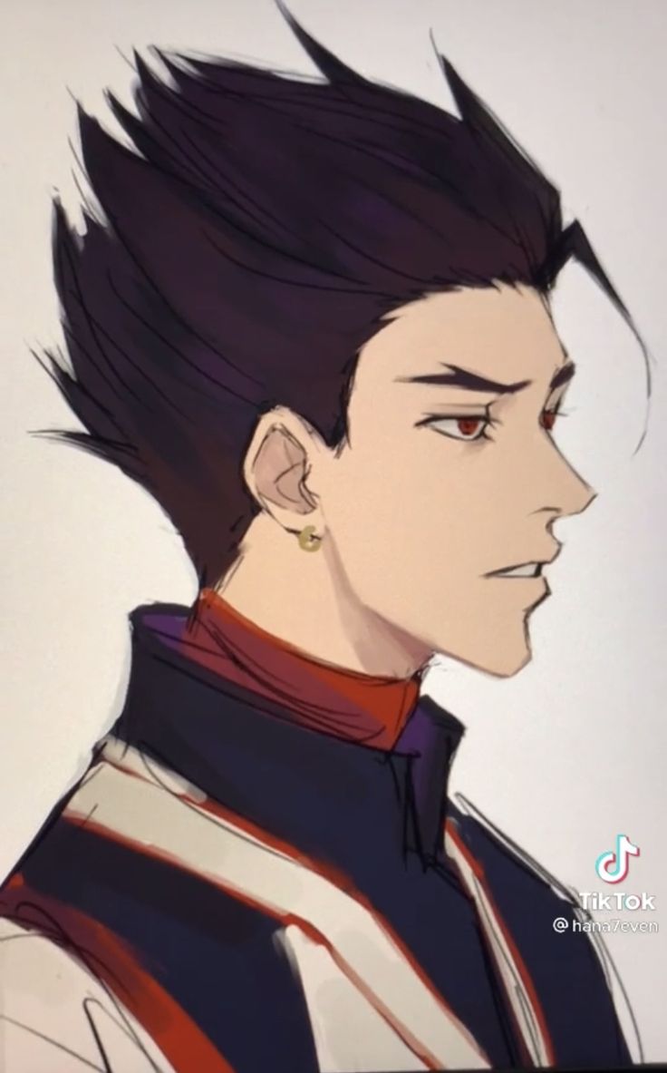 an anime character with black hair and piercings on his ears, looking to the side