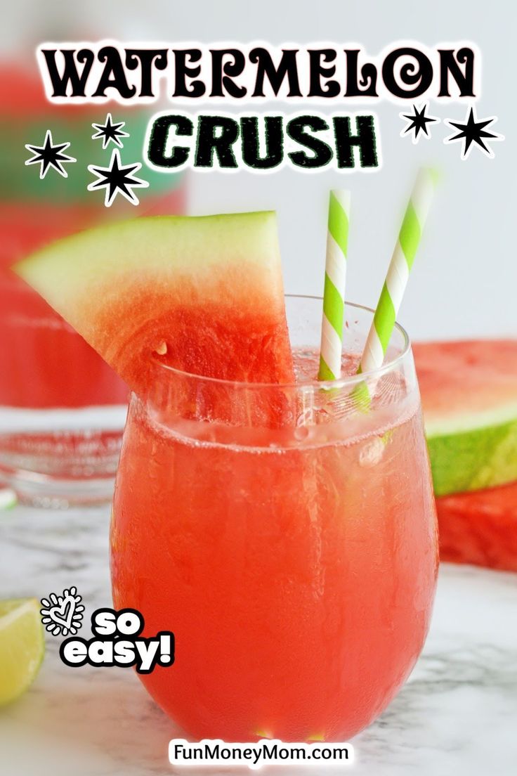 watermelon crush cocktail in a glass with two straws