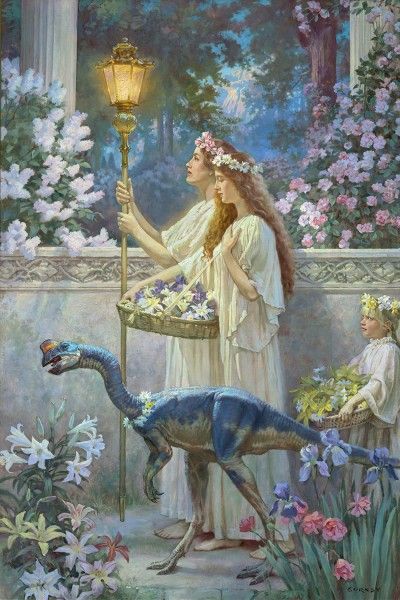 a painting of a woman holding a lamp next to an animal and another person in front of flowers