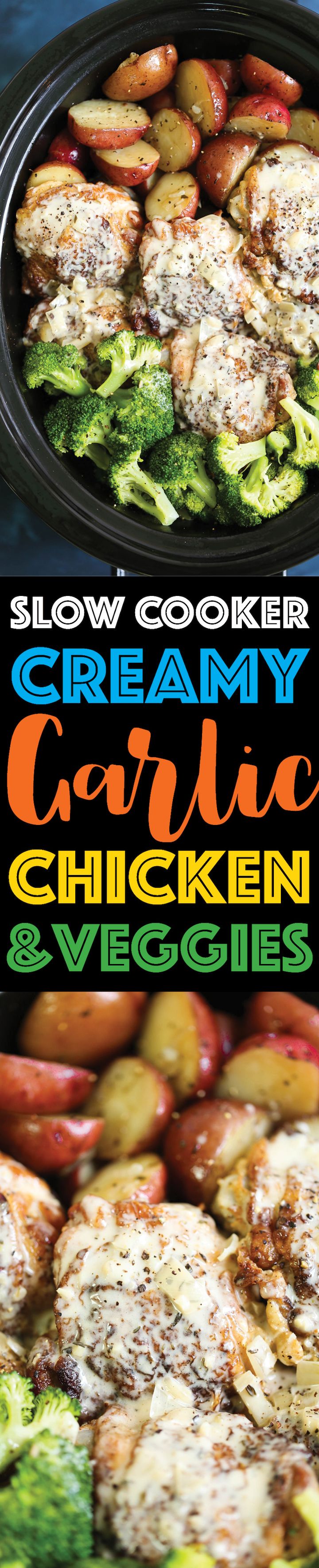 the cover of slow cooker creamy garlic chicken and veggies is shown here