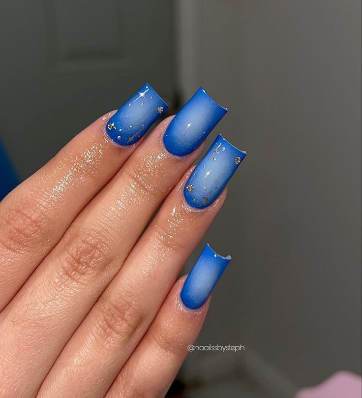 Glacier Blue Nails, Blue Aura Nails Square, Short Blue Square Acrylic Nails, Blue Nail Ideas Acrylic Square, Simple Short Blue Nails, Short Blue Ombre Nails, Short Blue Acrylics, Blue Overlay Nails, Coffin Aura Nails