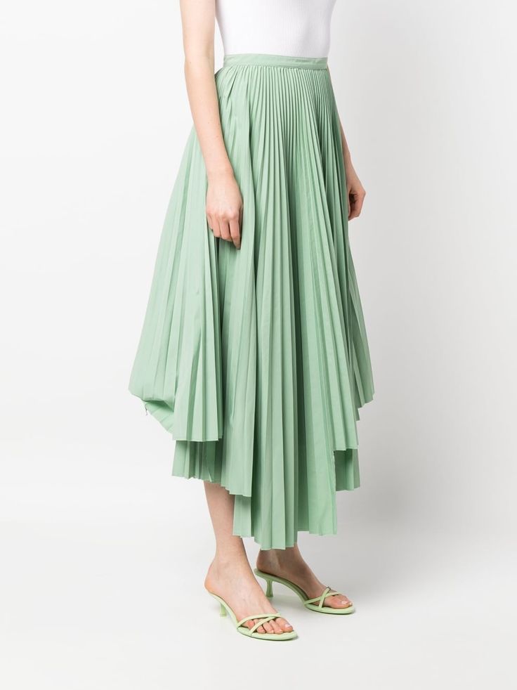 Plan C Asymmetric Pleated Skirt - Farfetch Pleats Skirt, Green Ombre, Long Torso, Long Puff Sleeves, Peasant Blouse, Casual Attire, Green Skirt, Dressy Casual, Asymmetric Hem