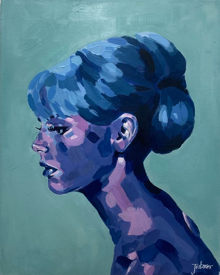 Acrylic painting of woman with 60’s hairstyle. Women is painted in pinks blues and purples against a pale turquoise background Painting With 2 Colors, Monochromatic Blue Painting, Monochromatic Painting Acrylic, Acrylic Painting Person, Monochromatic Painting Portraits, Monochrome Portrait Painting, Analogous Painting, Funky Paintings, Swaggy Art