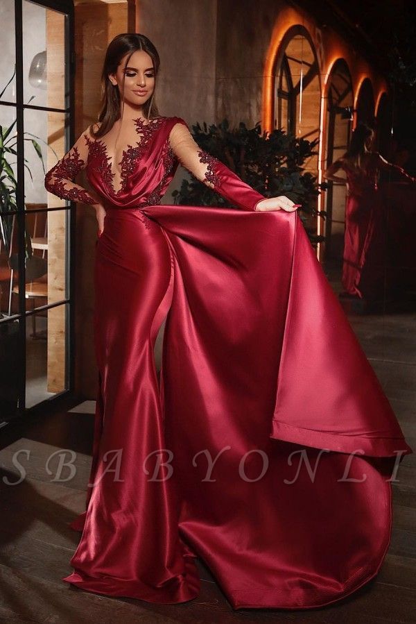 Red Prom Dress Elegant, Long Sleeve Mermaid Prom Dress, Satin Evening Gown, Gown Plus Size, Summer Bodycon Dress, Cheap Evening Dresses, Evening Dresses With Sleeves, Burgundy Prom Dress, Dresses Mermaid