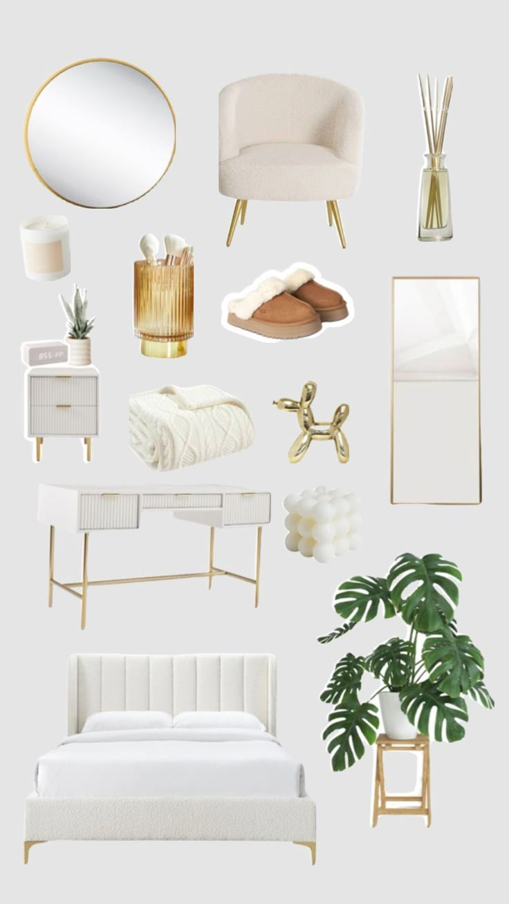 a white bedroom with gold accents and accessories on the wall, including a bed, nightstand, mirror, plant, lamp, chair, table