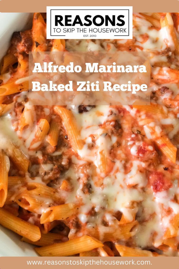 an image of Alfredo Marinara Baked Ziti on a white bowl. One Pot Pasta Alfredo Easy Recipes, White Sauce Baked Ziti, Baked Pasta With Alfredo And Marinara, Alfredo And Pasta Sauce Mixed, Mix Alfredo And Marinara, Pasta Bake With Alfredo And Marinara, Chicken Alfredo Marinara Pasta, Baked Ziti With White Sauce, Alfredo And Marinara Pasta Crockpot