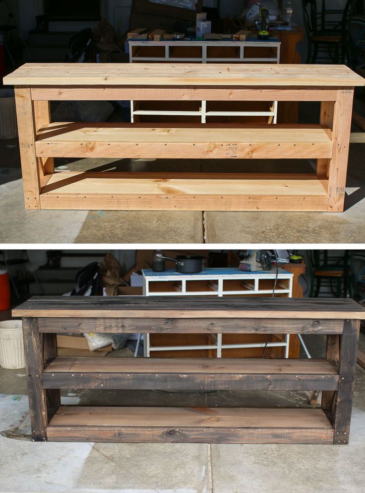 two pictures side by side of a wooden bench and the top is made out of pallets