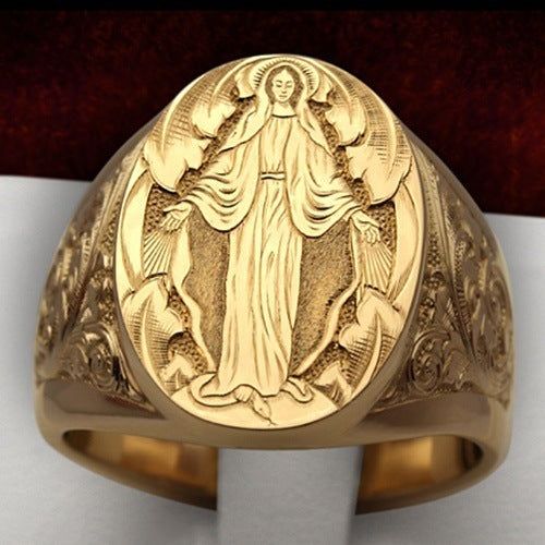 Male Lady Orthodox Virgin Mary Religious Ring LUZGRAPHICJEWELRY Mens Ring Designs, Crown Pattern, Pattern Stamping, Boho Men, Ring Man, Gold Color Ring, Carved Ring, Biker Rings, Golden Ring