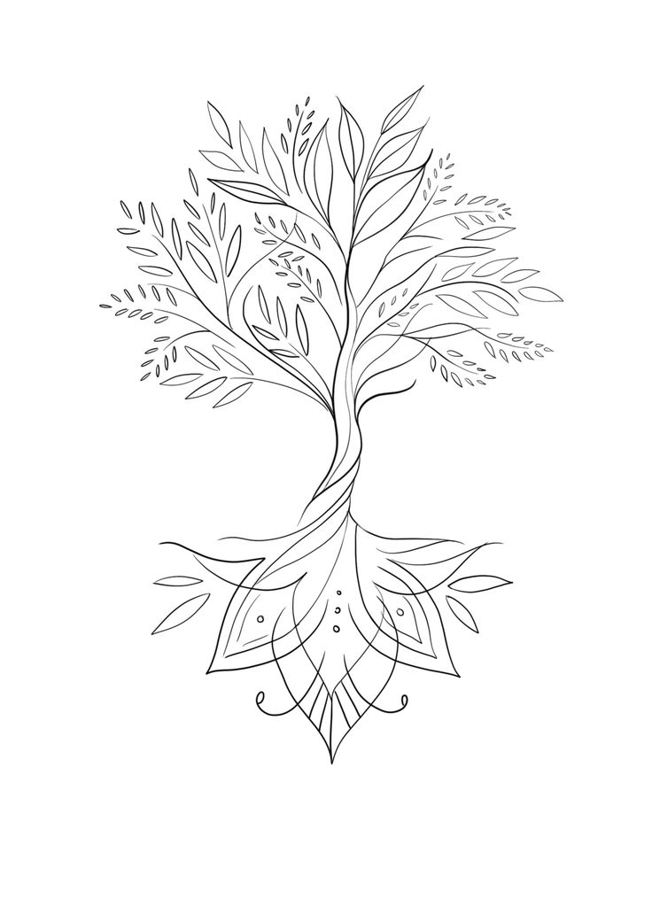 a black and white drawing of a tree with leaves on it's branches, in the shape of a heart