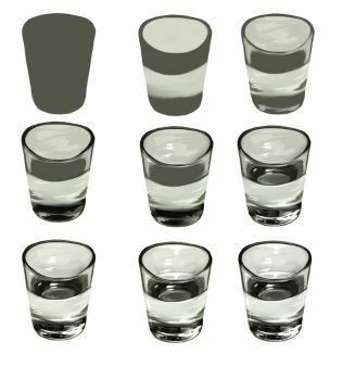 six shot glasses with different shades of gray