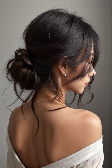 Messy Side Updo, Textured Twist Updo, Messy Bun Down Low, Hair Up With Bangs Wedding, Wedding Updos For Long Hair Dark Brown, Bridesmaid Hair Updo Curtain Bangs, Bridal Bun With Curtain Bangs, Updos For Moms Of The Bride, Simple Low Updo Wedding