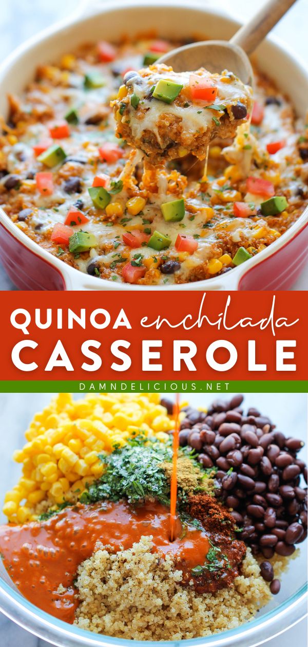 QUINOA ENCHILADA CASSEROLE, healthy dinner recipes, easy healthy meals Hot Quinoa Recipes, Quinoa Enchilada Casserole, Quinoa And Black Beans, Quinoa Enchilada, Cheesy Quinoa, Quinoa Bake, Enchiladas Healthy, Quinoa Recipes Easy, Quinoa Casserole