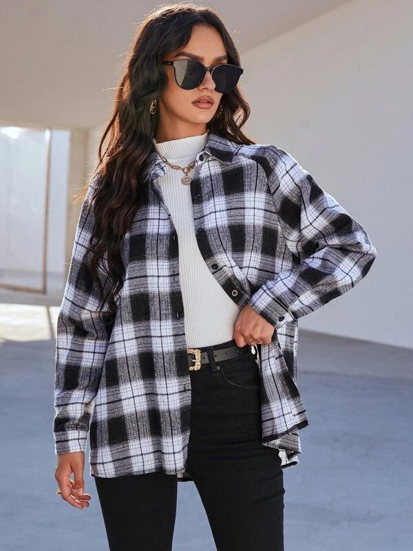 Plaid Raglan Sleeve Blouse | SHEIN USA Plaid Flannel Shirt Women, Plaid Long Sleeve Shirt Women, Lisa Plaid Shirt, Women Buffalo Plaid Shirt, Checkered Shirt Outfit Women, Checkered Shirt Outfit, Flannel Shirt Outfit, Black Plaid Shirt, Plaid Shirt Outfits