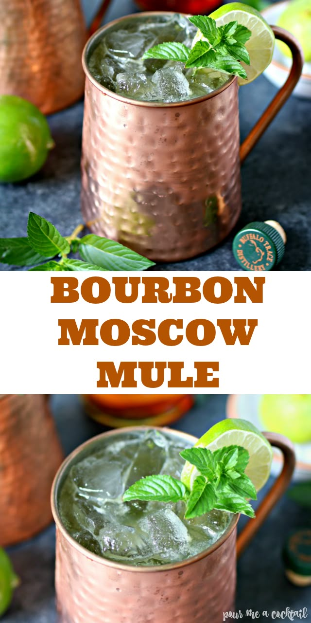 bourbon moscow mule in copper mugs with lime and mint garnish on the rim