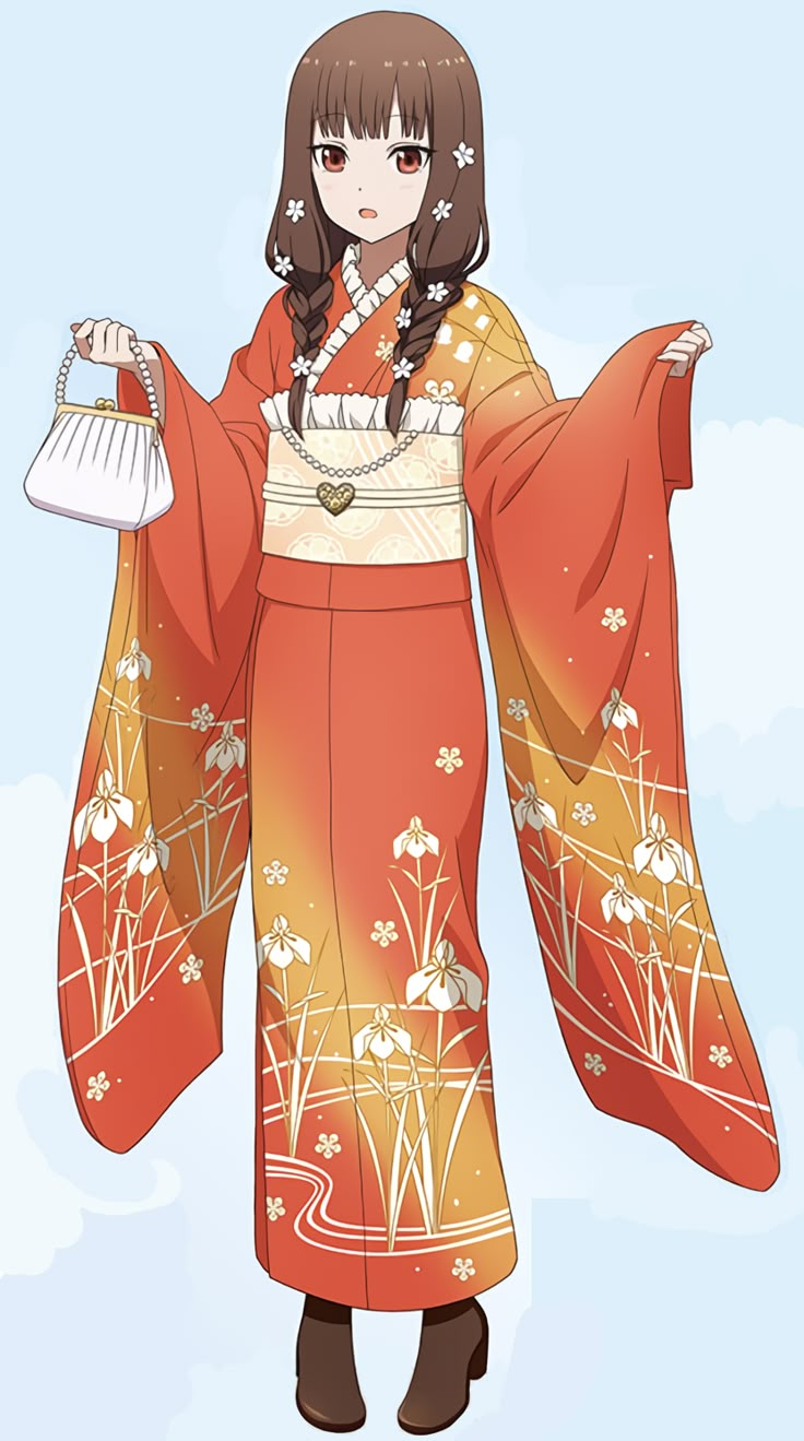 a woman in an orange and yellow kimono holding a white bag with flowers on it