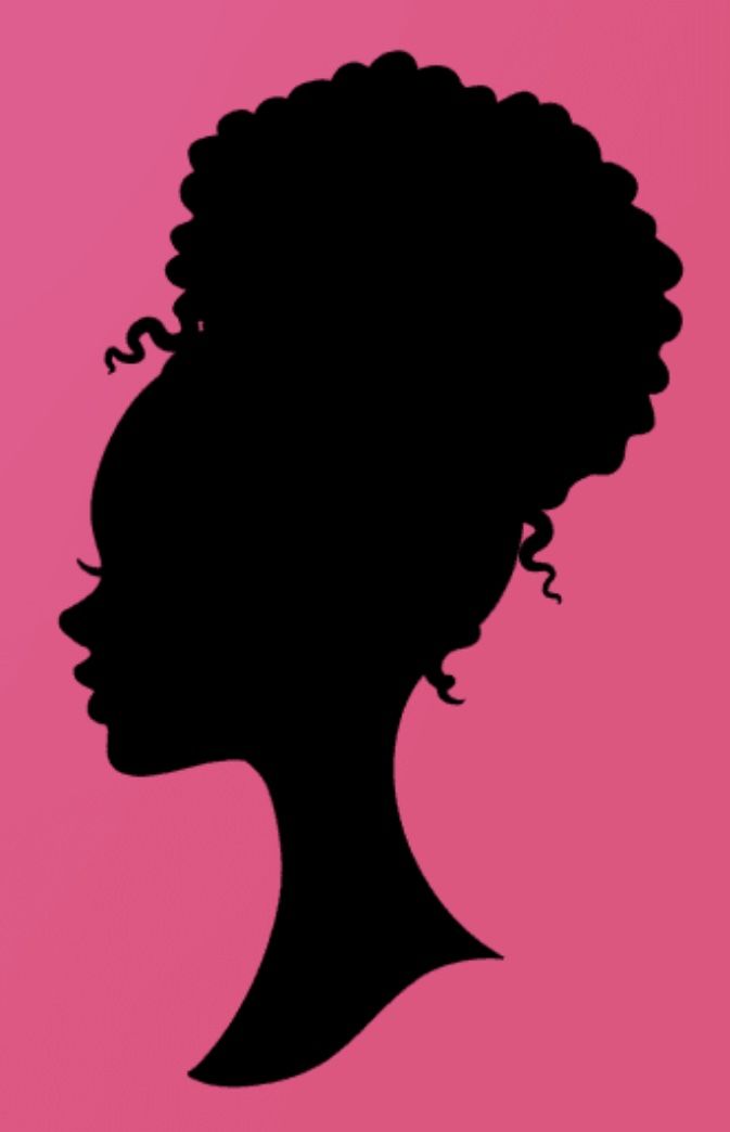 the silhouette of a woman's head is shown against a pink background with black curly hair