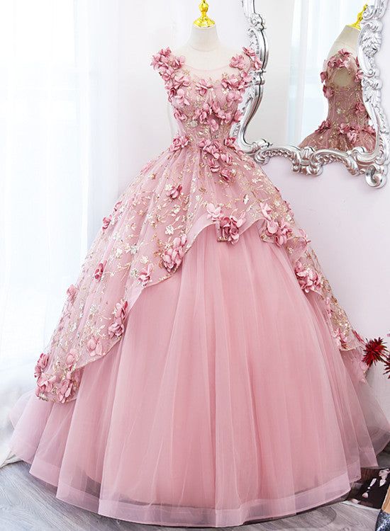 Lovely Pink Tulle Long Party Dress with Flowers, Pink Tulle Sweet 16 Gown Prom Dress With Flowers, Tulle Long Prom Dress, Beautiful Ball Gowns, Sweet 16 Dress, Quinceanera Dresses Pink, Dress With Flowers, 16 Dress, Fairytale Dress, فستان سهرة