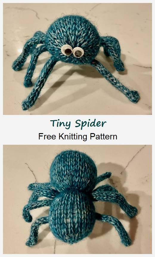 two pictures showing different types of knitted spiders, one is blue and the other has