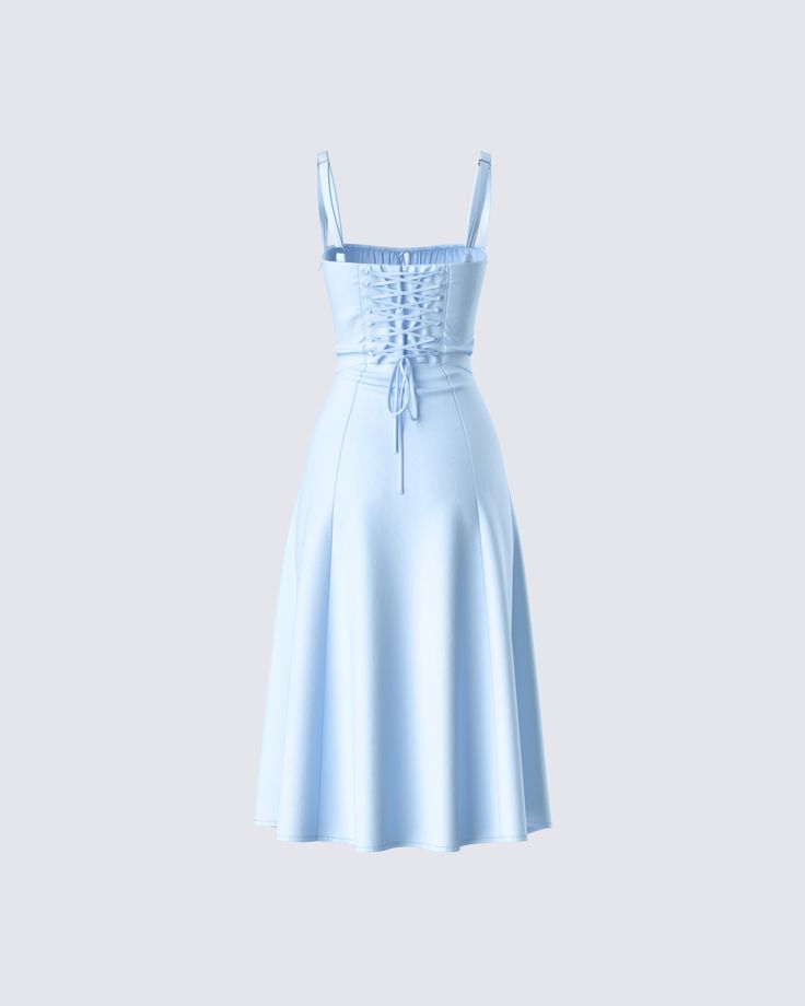 Feeling blue has never looked so cute 😌 With its dreamy hue and flowy silhouette, this dress featuring corset boning, a lace-up back, and a tie at the center bust is full of whimsy 💙 Baby Blue Corset Dress, Baby Blue Dress Formal, Baby Blue Homecoming Dress, Corset Dress Casual, Corset Dress Short, Homecoming Dresses Corset, Corset Boning, Corset Midi Dress, Baby Blue Dresses