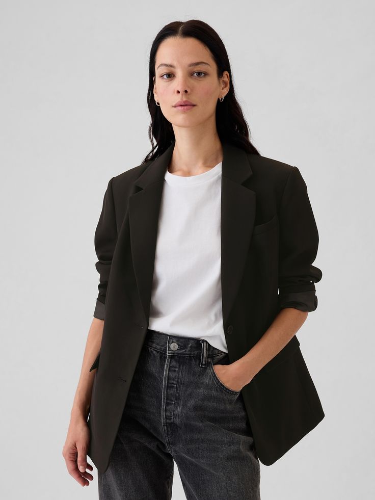 Soft, warm brushed twill relaxed blazer.  Notch lapel.  Long sleeves.  Button front.  Front welt pockets.  Fit: Relaxed.  A straight & easy fit.  For a Classic fit, go down one Relaxed Blazer, Profile Photography, Headshots Women, Corporate Outfits, Black Wrap Dress, Black Blazer, Black Blazers, New Wardrobe, The Gap