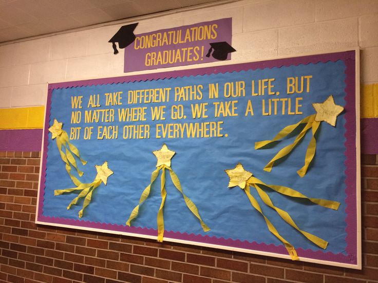 a bulletin board with yellow streamers and congratulationss written on the wall above it