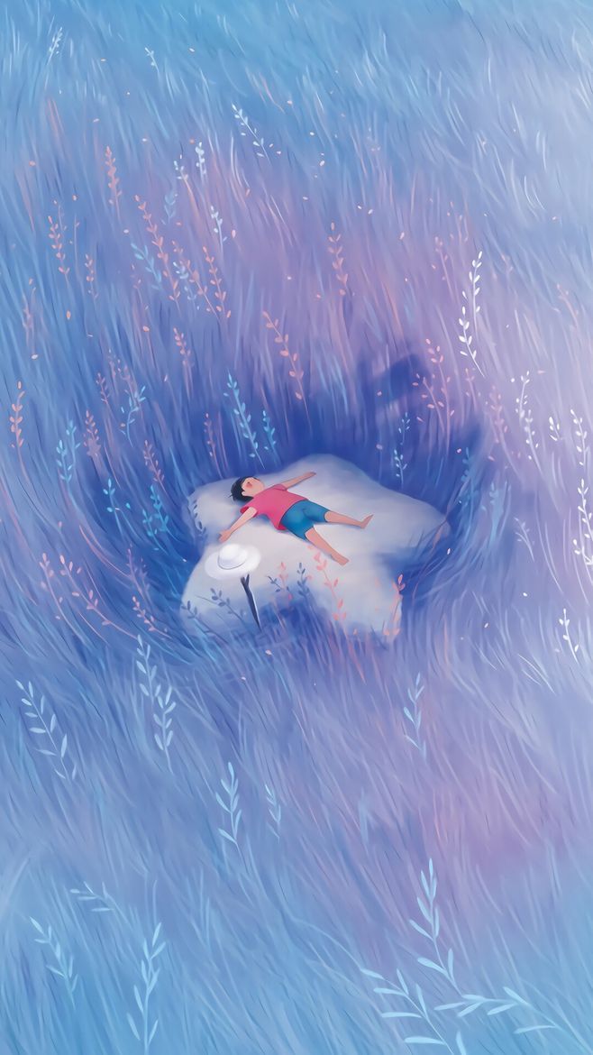 a painting of a person laying on an inflatable mattress floating in the water