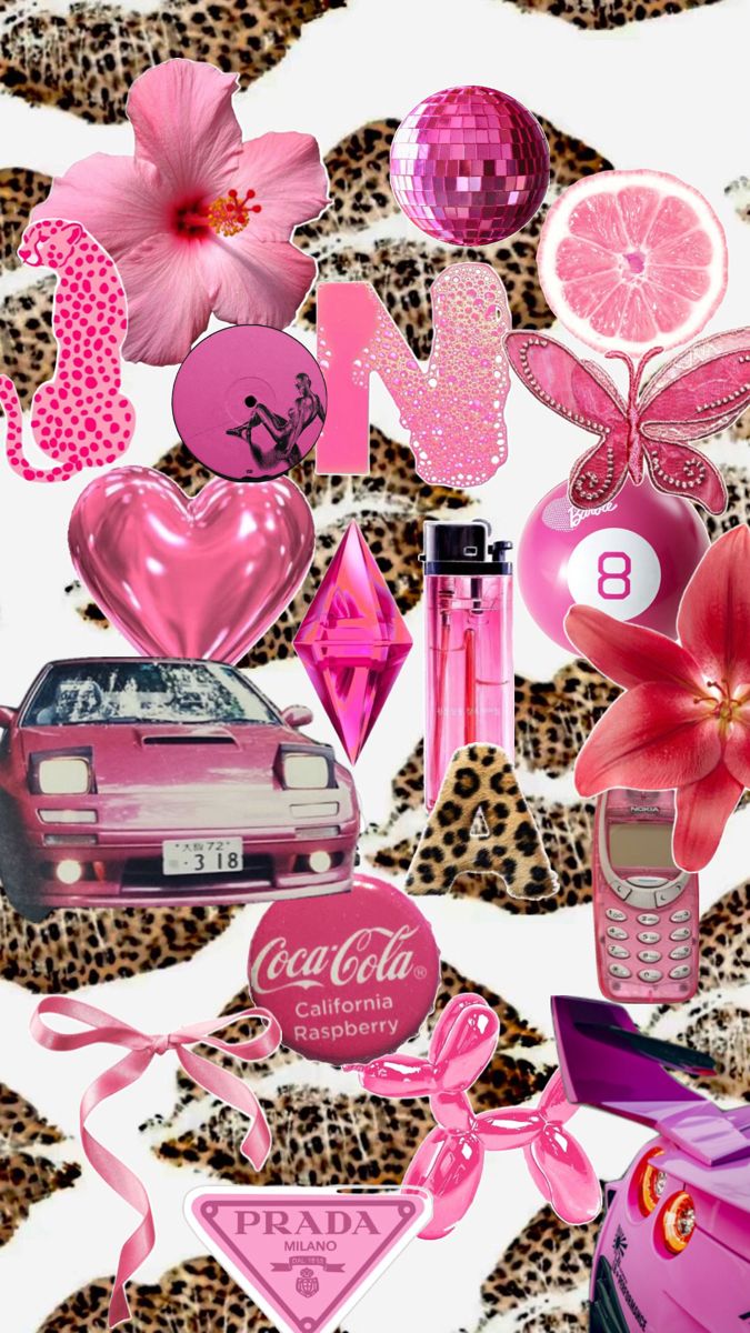 a collage of pink and leopard print with various items in the shape of hearts