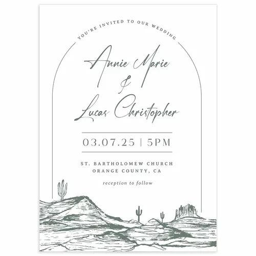 a wedding card with an image of the desert and mountains in black ink on white paper