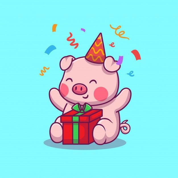 a cartoon pig with a party hat holding a gift box and confetti on it's head