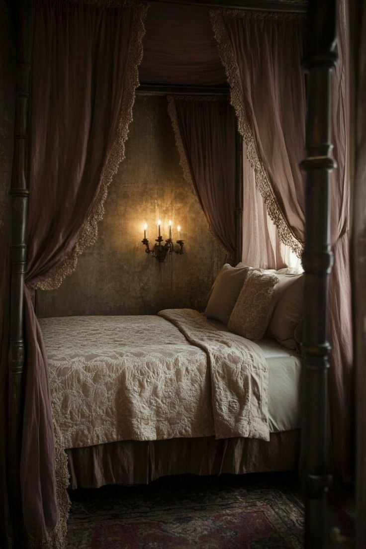 a bed with two candles on the headboard in a room that looks like an old - fashioned bedroom