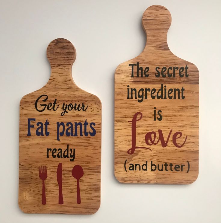 "Funny wooden signs to add to your kitchen decor. 2 styles to choose from: \"Get your fat pants ready\" or \"The secret ingredient is love and (butter) Sign has triangle picture hanger attached to back for easy hanging. Item measures 8.5 x 4 inches and is 1/4 inch thick. Materials used: Wood, permanent vinyl, sealer. All items are made with care and attention to detail but due to their homemade nature slight imperfections and variations may occur." Secret Ingredient Is Love, Funny Wooden Signs, Wooden Kitchen Signs, Fat Pants, Picture Hanger, Fun Kitchen, Kitchen Sign, Picture Hangers, Secret Ingredient