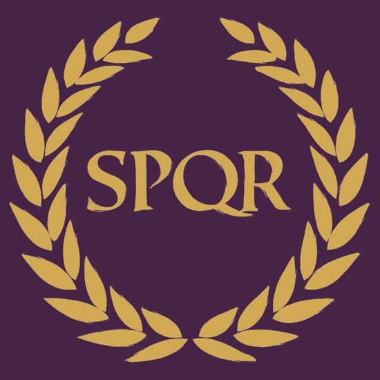 the spqr logo is shown in gold on a purple background with a laurel around it