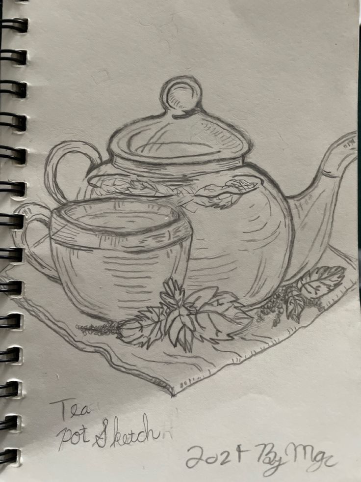 a drawing of a tea pot and two cups