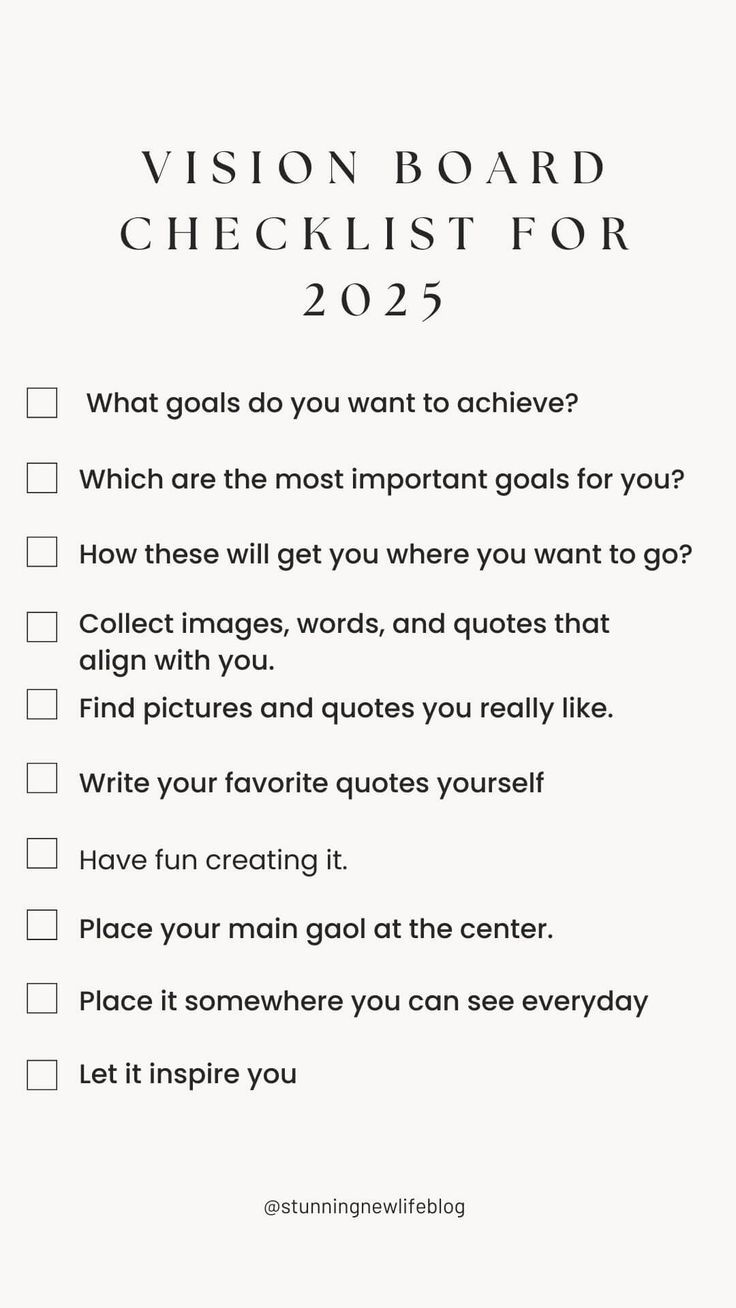 a checklist with the words vision board checklist for 2012 - 2013 on it