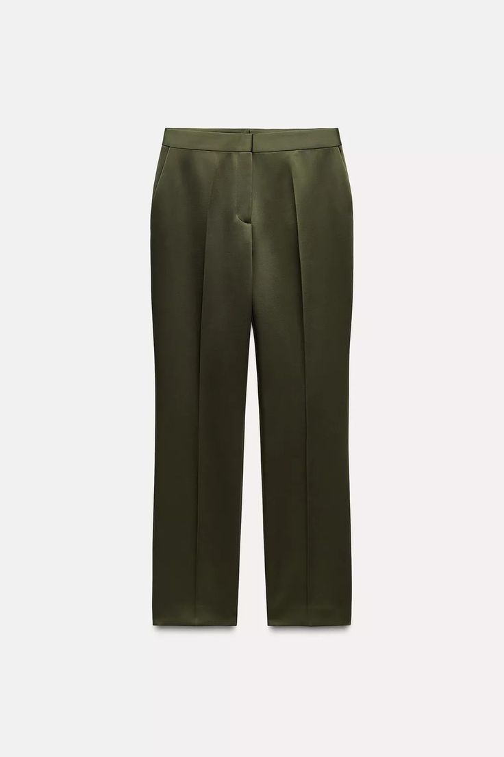 SATIN EFFECT PANTS - Dark green | ZARA United States 2024 Wishlist, Satin Trousers, Shorts Co Ord, Cardigan Sweater Dress, Anorak Jacket, Leather Shirt, Blazer Vest, High Waisted Trousers, Trouser Jeans