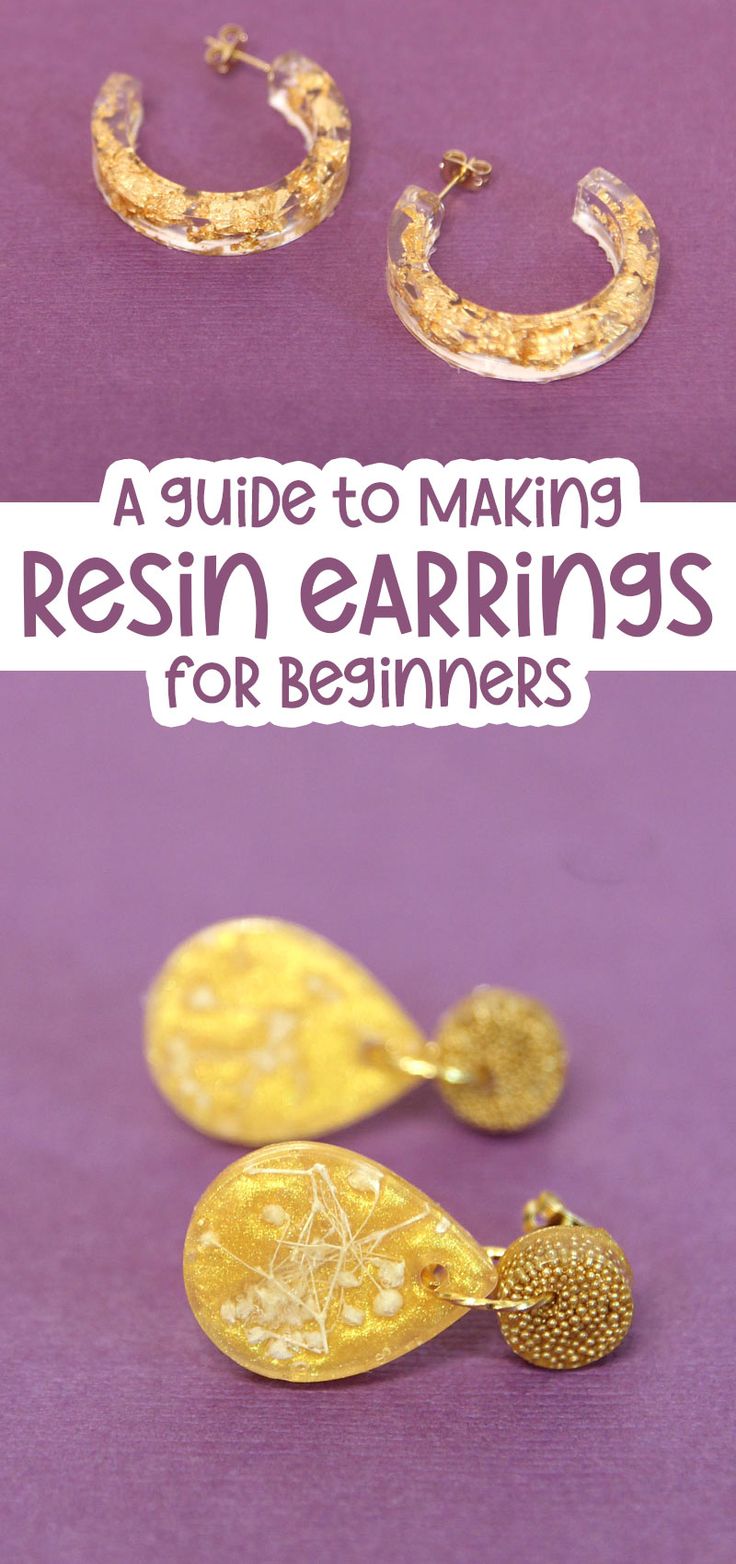 two gold earrings with the title, a guide to making resin earings for beginners