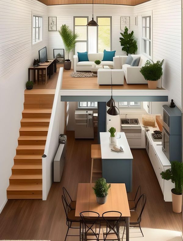 an overhead view of a living room and dining area with stairs leading up to the second floor