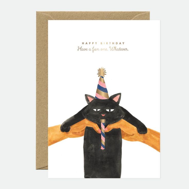 a card with a black cat wearing a party hat and holding the arms of another cat