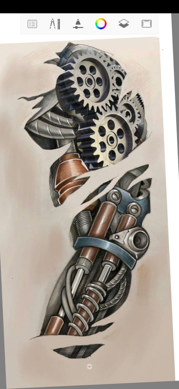 an artistic tattoo design on the back of a person's arm with gears attached to it