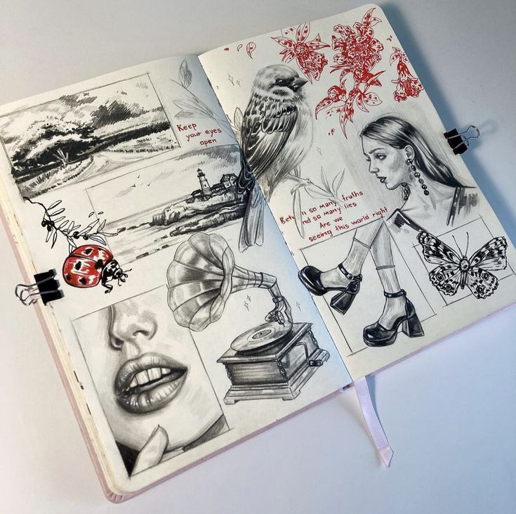 an open book with drawings on the pages and pictures of women's faces in them