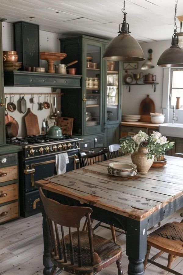 an old fashioned kitchen with green cabinets and wooden table in the center, surrounded by chairs