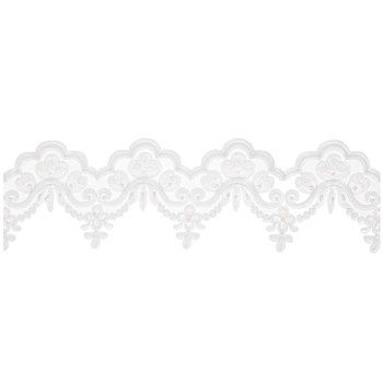 a white lace trim with flowers and leaves on it's edge, against a white background