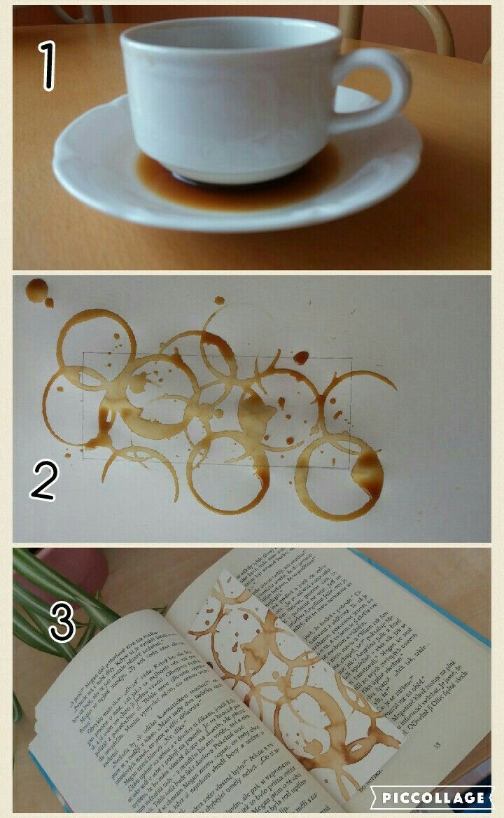 four different pictures showing how to make coffee stains on paper and paint them gold or silver