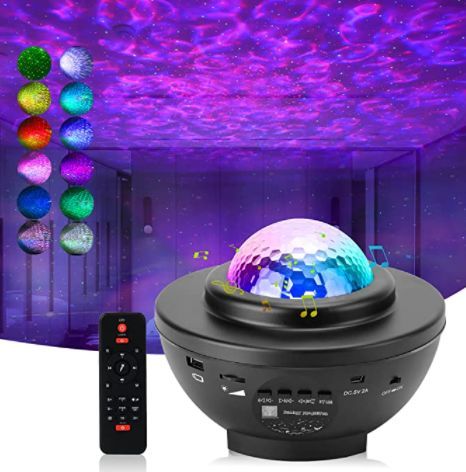 a disco ball and remote control in front of an image of colorful balls hanging from the ceiling