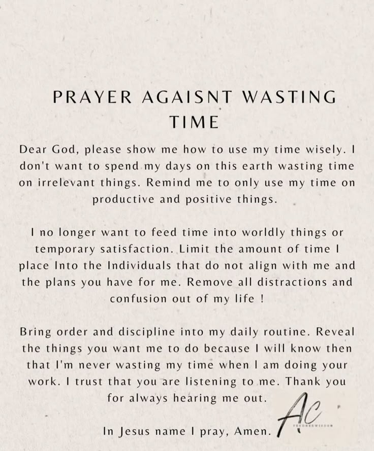 a prayer card with the words prayer against wasteing time